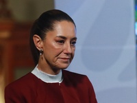 Mexico's President Claudia Sheinbaum speaks during a briefing conference to announce that, as of January 1, 2025, the minimum salary increas...