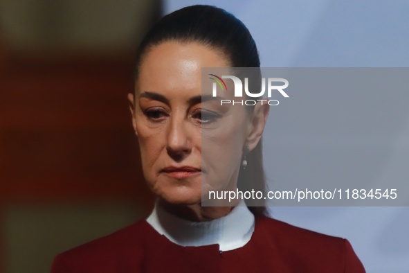 Mexico's President Claudia Sheinbaum speaks during a briefing conference to announce that, as of January 1, 2025, the minimum salary increas...