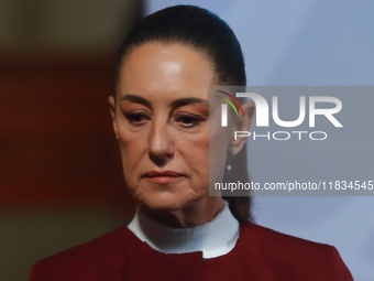 Mexico's President Claudia Sheinbaum speaks during a briefing conference to announce that, as of January 1, 2025, the minimum salary increas...