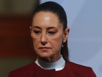 Mexico's President Claudia Sheinbaum speaks during a briefing conference to announce that, as of January 1, 2025, the minimum salary increas...