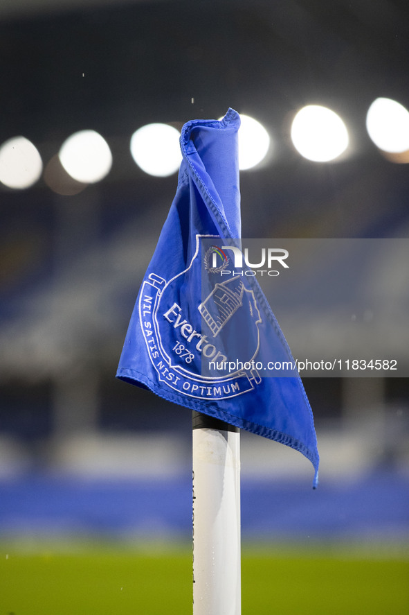 The Everton Stadium corner flag is present during the Premier League match between Everton and Wolverhampton Wanderers at Goodison Park in L...