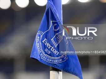 The Everton Stadium corner flag is present during the Premier League match between Everton and Wolverhampton Wanderers at Goodison Park in L...