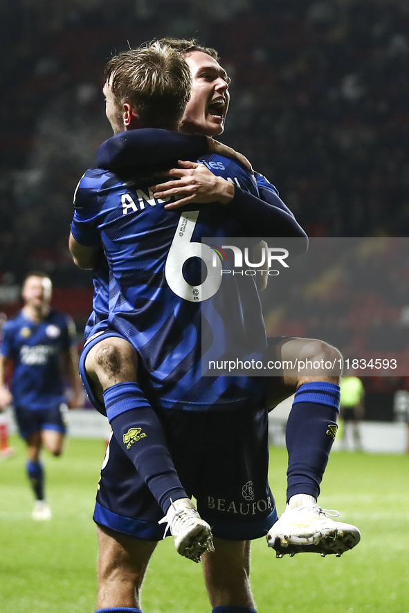 Max Anderson of Crawley Town celebrates his goal with teammate Harry Forster during the Sky Bet League 1 match between Charlton Athletic and...