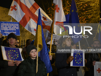 People hold placards as they wave Ukrainian, Georgian, and European Union flags during a rally outside the embassy of Georgia in Warsaw, Pol...