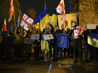 People hold placards as they wave Ukrainian, Georgian, and European Union flags during a rally outside the embassy of Georgia in Warsaw, Pol...