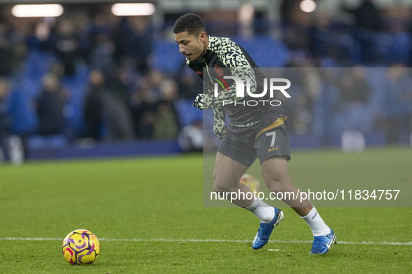 Andre #7 of Wolverhampton Wanderers F.C. warms up during the Premier League match between Everton and Wolverhampton Wanderers at Goodison Pa...