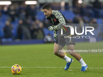 Andre #7 of Wolverhampton Wanderers F.C. warms up during the Premier League match between Everton and Wolverhampton Wanderers at Goodison Pa...