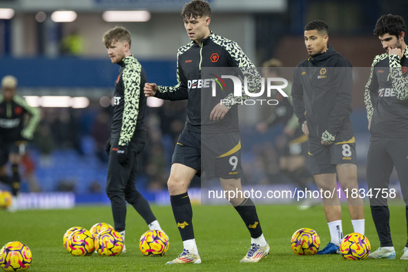 Jorgen Strand Larsen #9 of Wolverhampton Wanderers F.C. warms up during the Premier League match between Everton and Wolverhampton Wanderers...