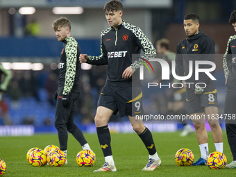 Jorgen Strand Larsen #9 of Wolverhampton Wanderers F.C. warms up during the Premier League match between Everton and Wolverhampton Wanderers...