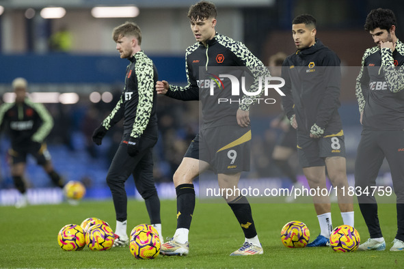 Jorgen Strand Larsen #9 of Wolverhampton Wanderers F.C. warms up during the Premier League match between Everton and Wolverhampton Wanderers...