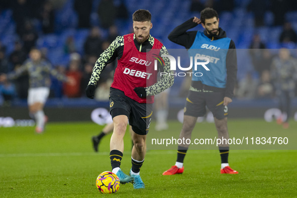 Matt Doherty #2 of Wolverhampton Wanderers F.C. warms up during the Premier League match between Everton and Wolverhampton Wanderers at Good...