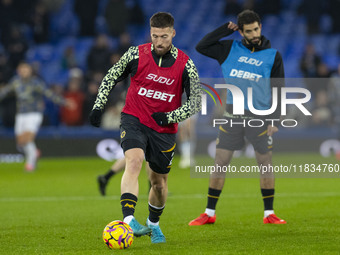 Matt Doherty #2 of Wolverhampton Wanderers F.C. warms up during the Premier League match between Everton and Wolverhampton Wanderers at Good...