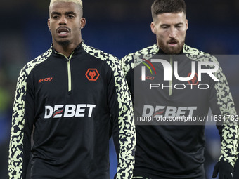 Mario Lemina #5 of Wolverhampton Wanderers F.C. participates in the Premier League match between Everton and Wolverhampton Wanderers at Good...