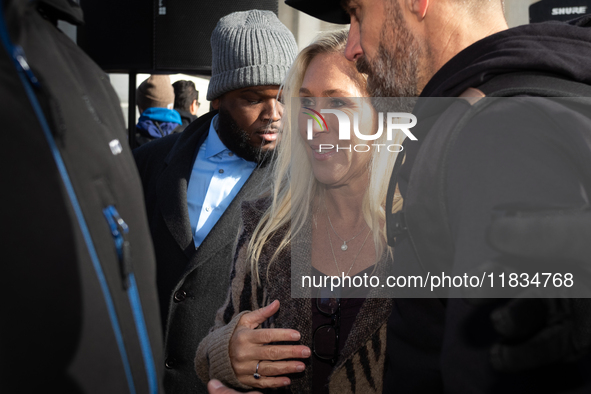 Rep. Marjorie Taylor Greene (R-GA) attends a demonstration supporting Tennessee's ban on transgender care for minors outside the Supreme Cou...