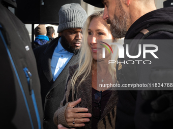 Rep. Marjorie Taylor Greene (R-GA) attends a demonstration supporting Tennessee's ban on transgender care for minors outside the Supreme Cou...