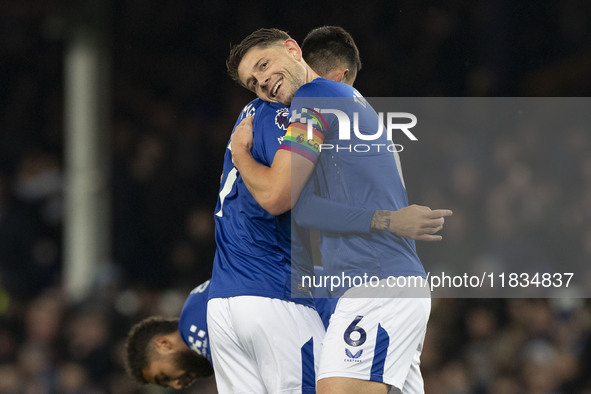 James Tarkowski #6 of Everton F.C. concedes a goal, but it is ruled out by VAR during the Premier League match between Everton and Wolverham...