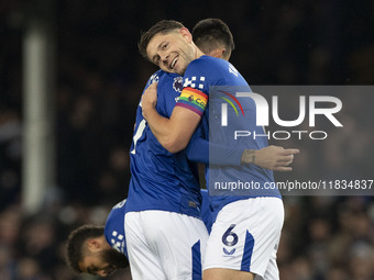 James Tarkowski #6 of Everton F.C. concedes a goal, but it is ruled out by VAR during the Premier League match between Everton and Wolverham...