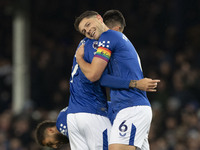 James Tarkowski #6 of Everton F.C. concedes a goal, but it is ruled out by VAR during the Premier League match between Everton and Wolverham...