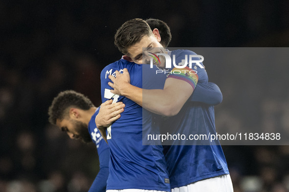 James Tarkowski #6 of Everton F.C. concedes a goal, but it is ruled out by VAR during the Premier League match between Everton and Wolverham...