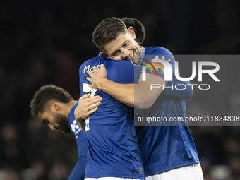 James Tarkowski #6 of Everton F.C. concedes a goal, but it is ruled out by VAR during the Premier League match between Everton and Wolverham...