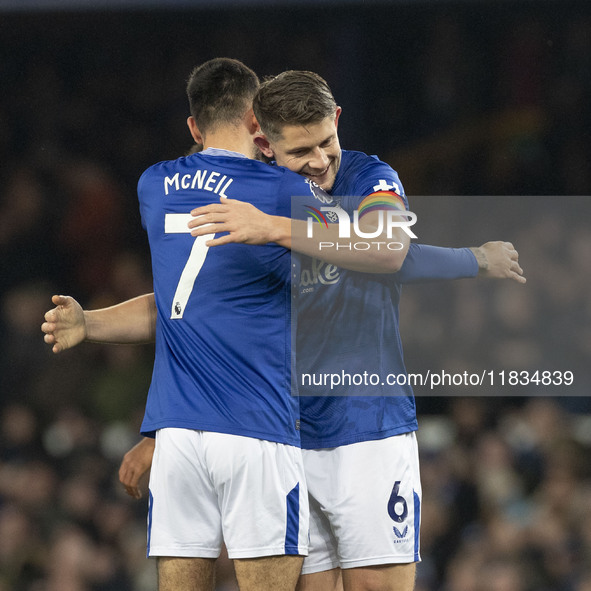 James Tarkowski #6 of Everton F.C. concedes a goal, but it is ruled out by VAR during the Premier League match between Everton and Wolverham...