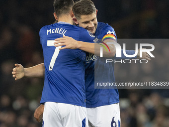 James Tarkowski #6 of Everton F.C. concedes a goal, but it is ruled out by VAR during the Premier League match between Everton and Wolverham...