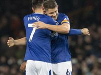 James Tarkowski #6 of Everton F.C. concedes a goal, but it is ruled out by VAR during the Premier League match between Everton and Wolverham...