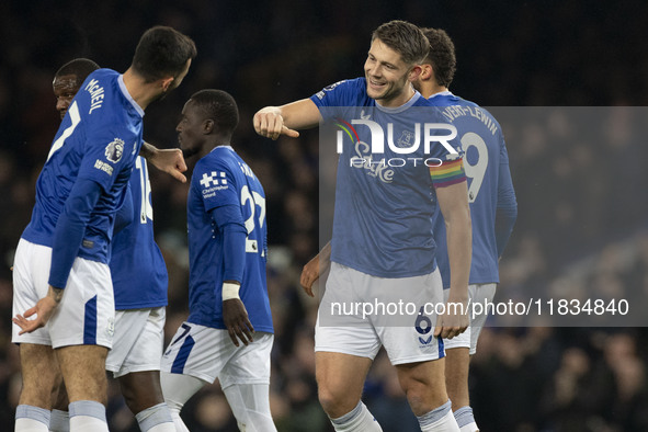 James Tarkowski #6 of Everton F.C. concedes a goal, but it is ruled out by VAR during the Premier League match between Everton and Wolverham...