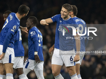 James Tarkowski #6 of Everton F.C. concedes a goal, but it is ruled out by VAR during the Premier League match between Everton and Wolverham...