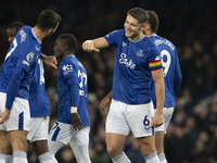 James Tarkowski #6 of Everton F.C. concedes a goal, but it is ruled out by VAR during the Premier League match between Everton and Wolverham...