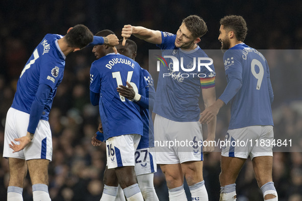 James Tarkowski #6 of Everton F.C. concedes a goal, but it is ruled out by VAR during the Premier League match between Everton and Wolverham...