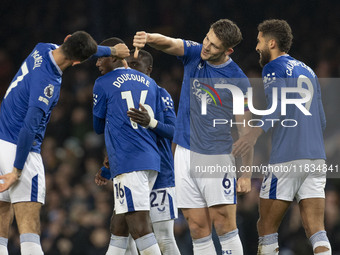 James Tarkowski #6 of Everton F.C. concedes a goal, but it is ruled out by VAR during the Premier League match between Everton and Wolverham...