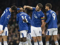 James Tarkowski #6 of Everton F.C. concedes a goal, but it is ruled out by VAR during the Premier League match between Everton and Wolverham...