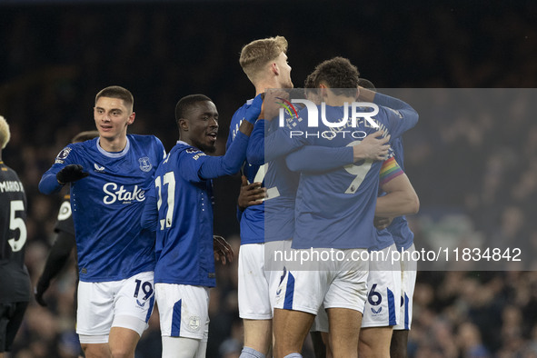 James Tarkowski #6 of Everton F.C. concedes a goal, but it is ruled out by VAR during the Premier League match between Everton and Wolverham...