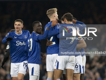 James Tarkowski #6 of Everton F.C. concedes a goal, but it is ruled out by VAR during the Premier League match between Everton and Wolverham...