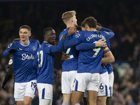 James Tarkowski #6 of Everton F.C. concedes a goal, but it is ruled out by VAR during the Premier League match between Everton and Wolverham...