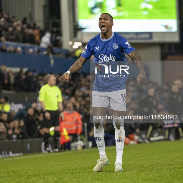 Ashley Young #18 of Everton F.C. celebrates his goal during the Premier League match between Everton and Wolverhampton Wanderers at Goodison...