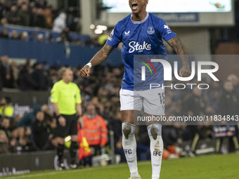 Ashley Young #18 of Everton F.C. celebrates his goal during the Premier League match between Everton and Wolverhampton Wanderers at Goodison...