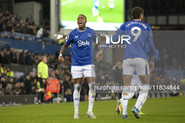 Ashley Young #18 of Everton F.C. celebrates his goal during the Premier League match between Everton and Wolverhampton Wanderers at Goodison...