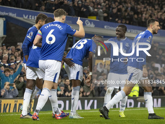 Ashley Young #18 of Everton F.C. celebrates his goal during the Premier League match between Everton and Wolverhampton Wanderers at Goodison...