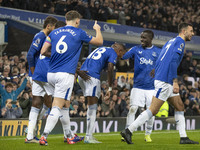 Ashley Young #18 of Everton F.C. celebrates his goal during the Premier League match between Everton and Wolverhampton Wanderers at Goodison...