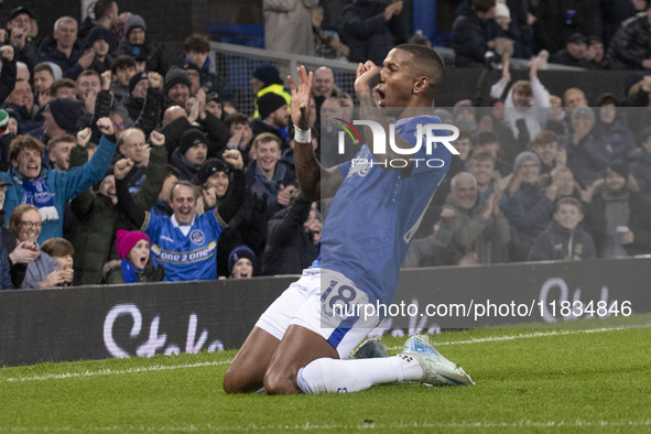 Ashley Young #18 of Everton F.C. celebrates his goal during the Premier League match between Everton and Wolverhampton Wanderers at Goodison...