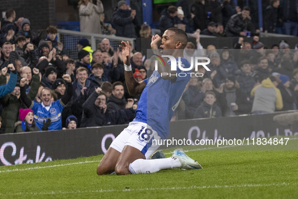 Ashley Young #18 of Everton F.C. celebrates his goal during the Premier League match between Everton and Wolverhampton Wanderers at Goodison...