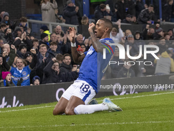 Ashley Young #18 of Everton F.C. celebrates his goal during the Premier League match between Everton and Wolverhampton Wanderers at Goodison...