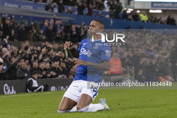 Ashley Young #18 of Everton F.C. celebrates his goal during the Premier League match between Everton and Wolverhampton Wanderers at Goodison...