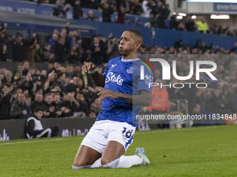 Ashley Young #18 of Everton F.C. celebrates his goal during the Premier League match between Everton and Wolverhampton Wanderers at Goodison...