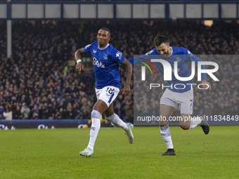 Ashley Young #18 of Everton F.C. celebrates his goal during the Premier League match between Everton and Wolverhampton Wanderers at Goodison...