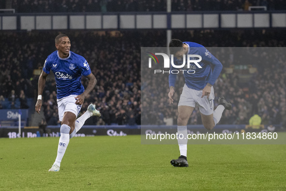 Ashley Young #18 of Everton F.C. celebrates his goal during the Premier League match between Everton and Wolverhampton Wanderers at Goodison...