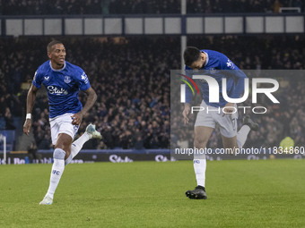 Ashley Young #18 of Everton F.C. celebrates his goal during the Premier League match between Everton and Wolverhampton Wanderers at Goodison...