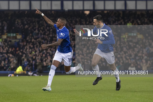 Ashley Young #18 of Everton F.C. celebrates his goal during the Premier League match between Everton and Wolverhampton Wanderers at Goodison...